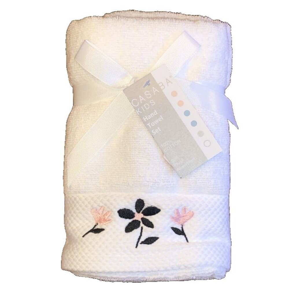 Casaba Hand Towels Pink Black Embroidered Flowers Bath White Set of 2 Spring